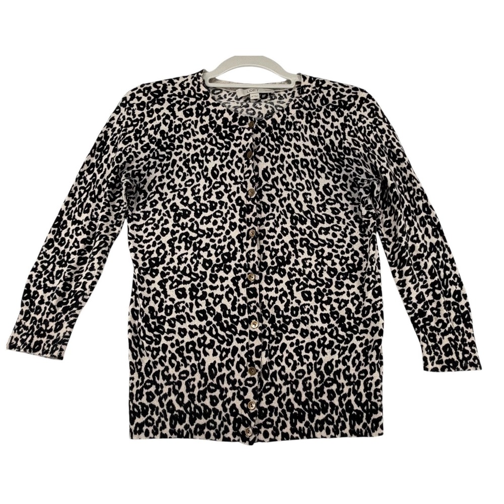 LOFT Petites Leopard 100% Cotton Knit Cardigan Sweater Womens MP Black Tan